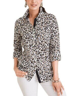Chico's Animal Print No Iron FreshChic 3/4 Sleeve Button Down Size Small